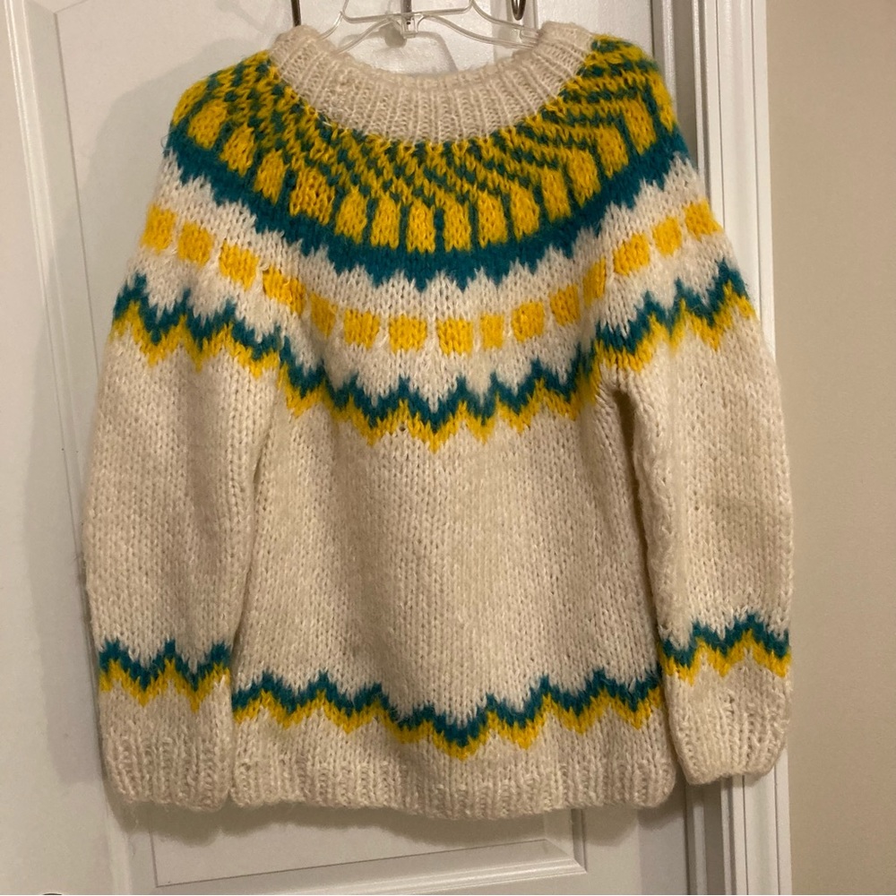 Vintage Cream Yellow and Blue Hand knit Handmade Fair Isle Oversized Sweater